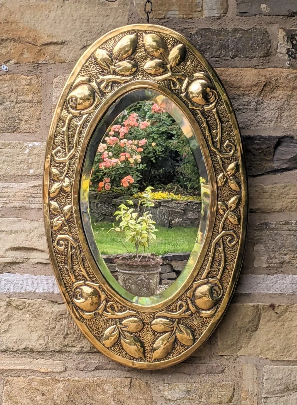 Stylish Arts and Crafts Oval Brass Framed Mirror
