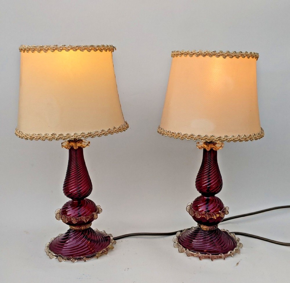 Rare Pair of Murano Glass Lamps With Original Shades