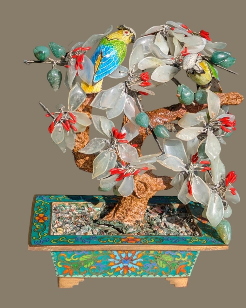 Antique Chinese Hardstone Cloisonne Bonsai Cockatoos