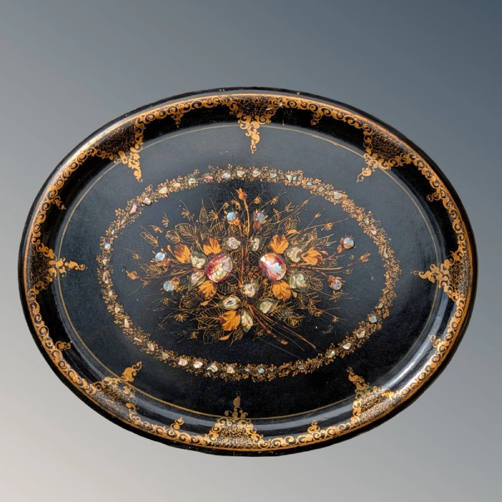 Antique Hand Painted Tray Papier Mache & Mother of Pearl