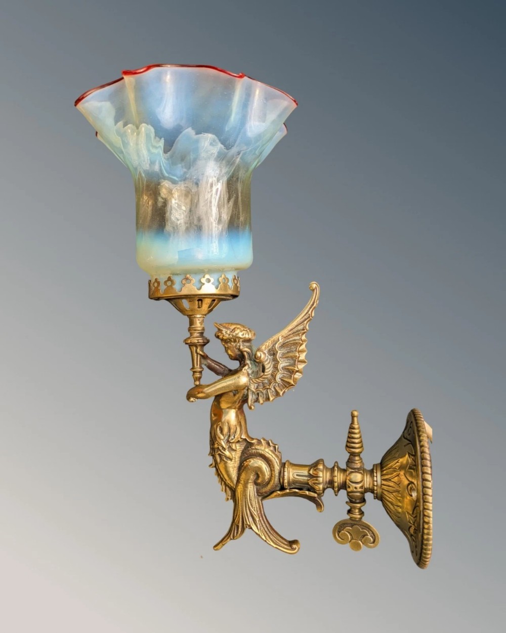 Stunning Victorian Brass Lamp Wall Light Winged Memaid