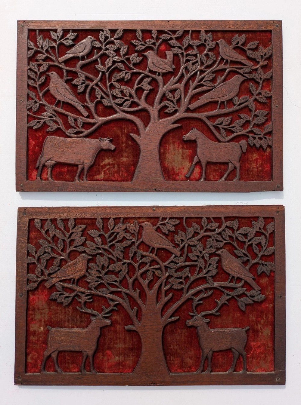 Charming Pair Folk Art Carved Wood Panels Arts & Crafts