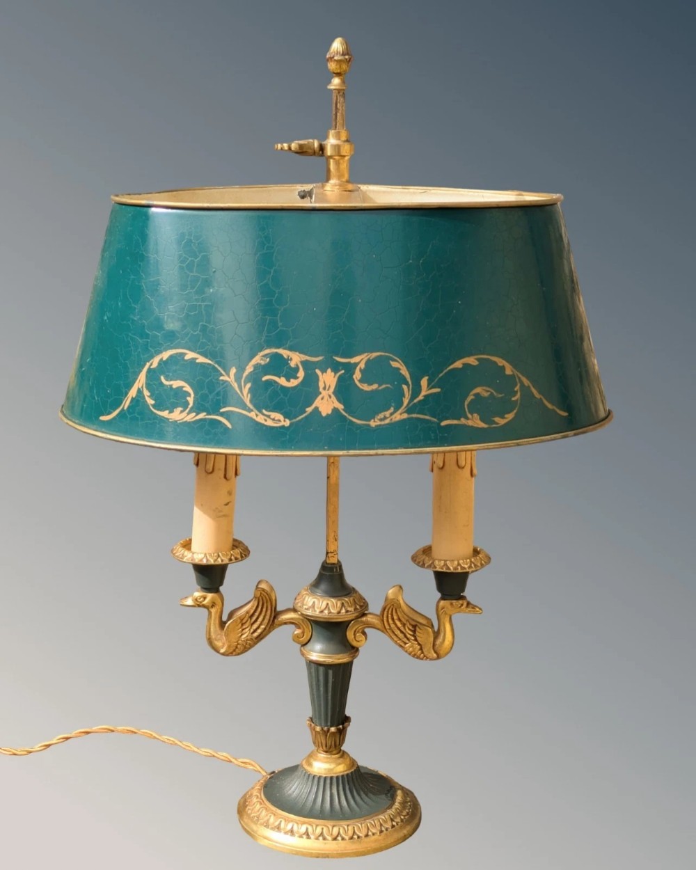 Elegant French Empire Style Gilt Bronze Toleware Bouillotte Lamp elegant-french-empire-style-gilt-bronze-toleware-bouillotte-lamp