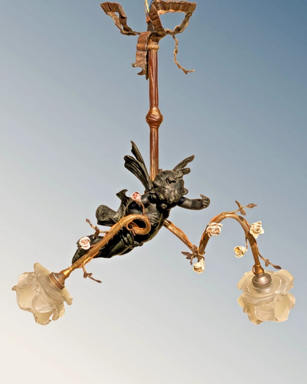 Antique French Bronze and Ormolu Chandelier Twin Light with Angelic Cherub