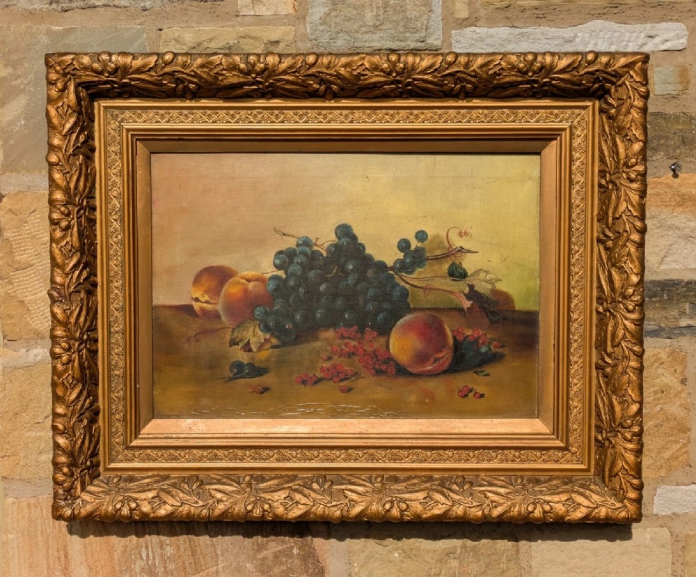 19th Century Oil on Canvas Still Life with Peaches & Grapes