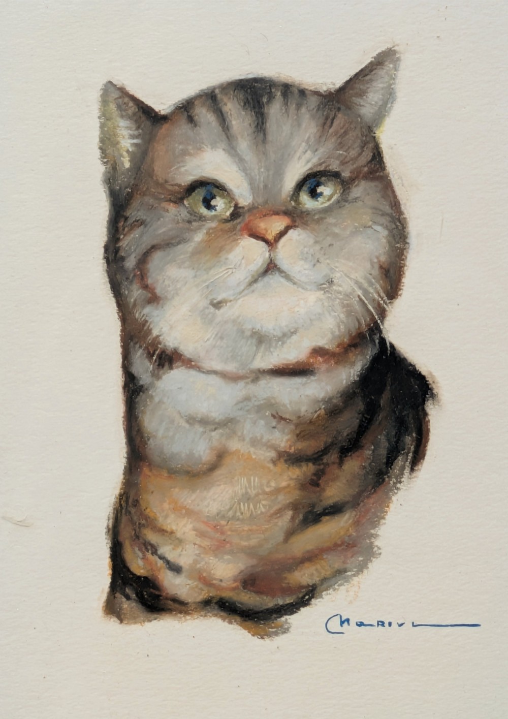 A framed pastel portrait depicting a grey and brown tabby cat set inside an ornate gold-coloured molded frame. View III