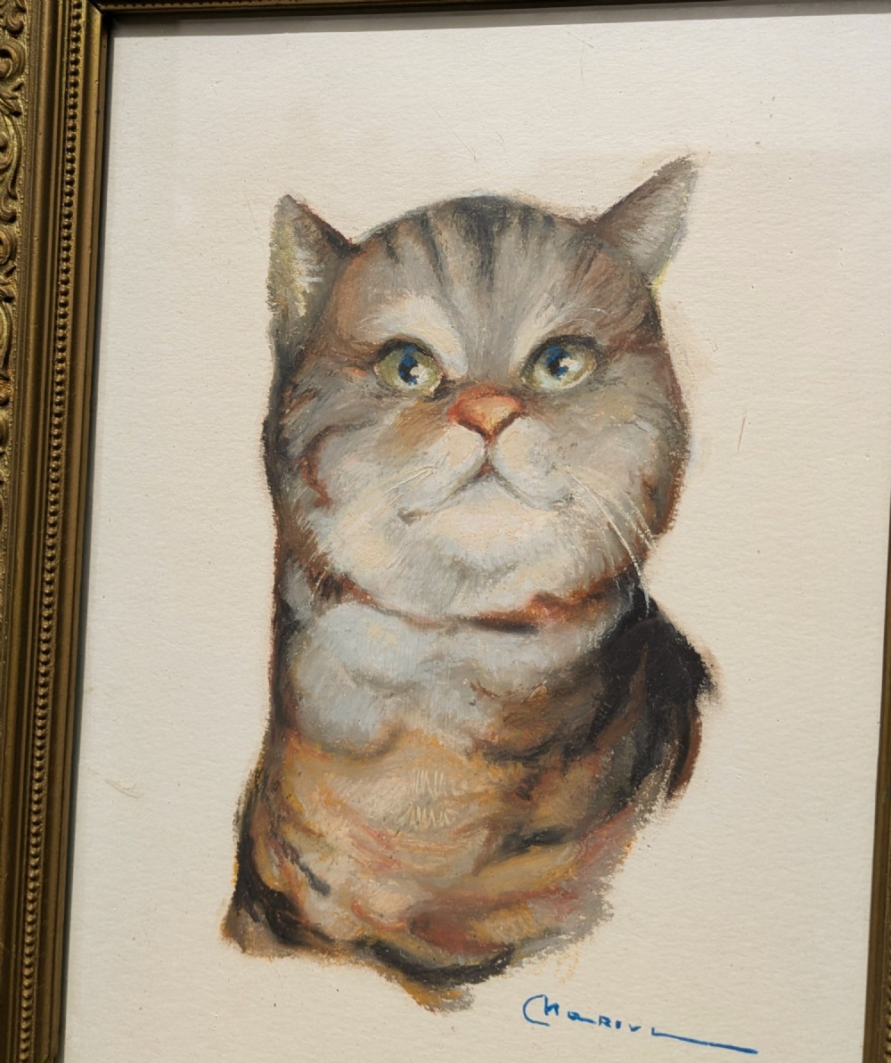 A framed pastel portrait depicting a grey and brown tabby cat set inside an ornate gold-coloured molded frame. View IV