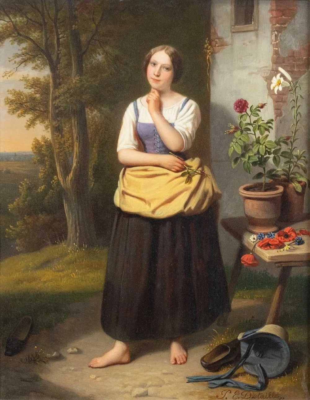 A 19th-century oil painting depicting a barefoot young woman standing outdoors in front of a cottage wall beside potted flowers, set within a deeply carved gilt frame. View II