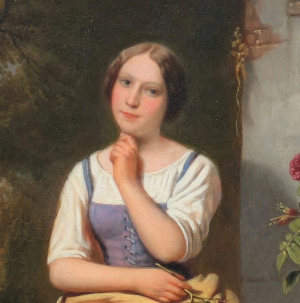 A 19th-century oil painting depicting a barefoot young woman standing outdoors in front of a cottage wall beside potted flowers, set within a deeply carved gilt frame. View V
