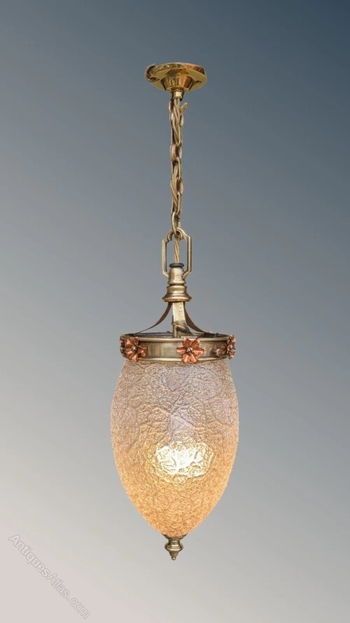 Stunning Art Nouveau Crackle Glaze Copper & Brass Pendant Light