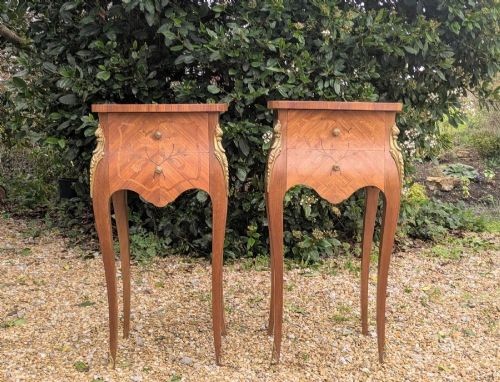 A pair of French Kingwood bedside cabinets featuring floral marquetry inlays, curved cabriole legs, and polished brass mounts. View IX
