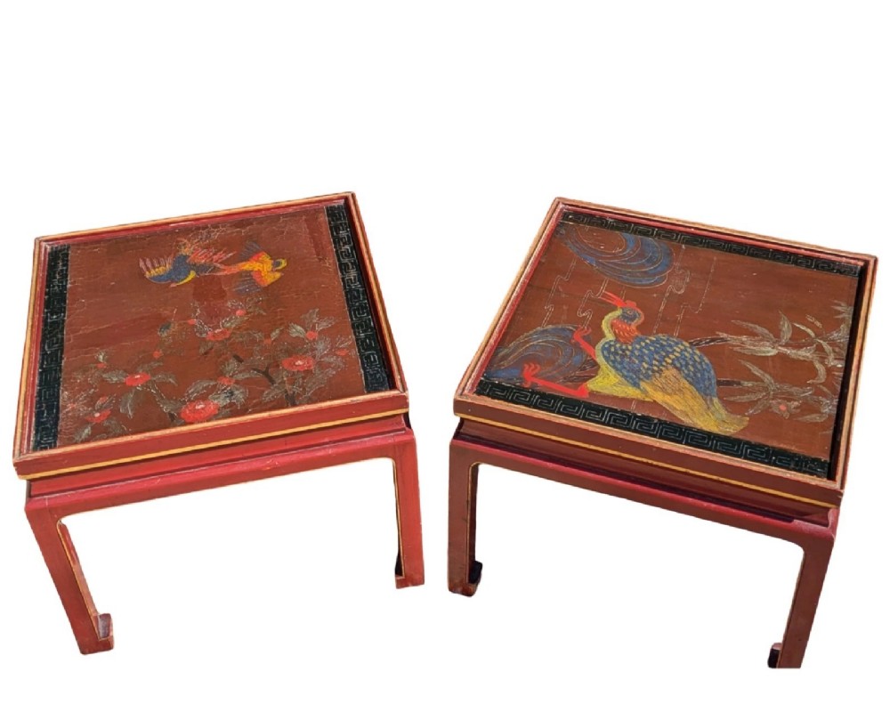 A pair of square Chinese low tables with red lacquered frames and hand-painted tops depicting birds among foliage. View II