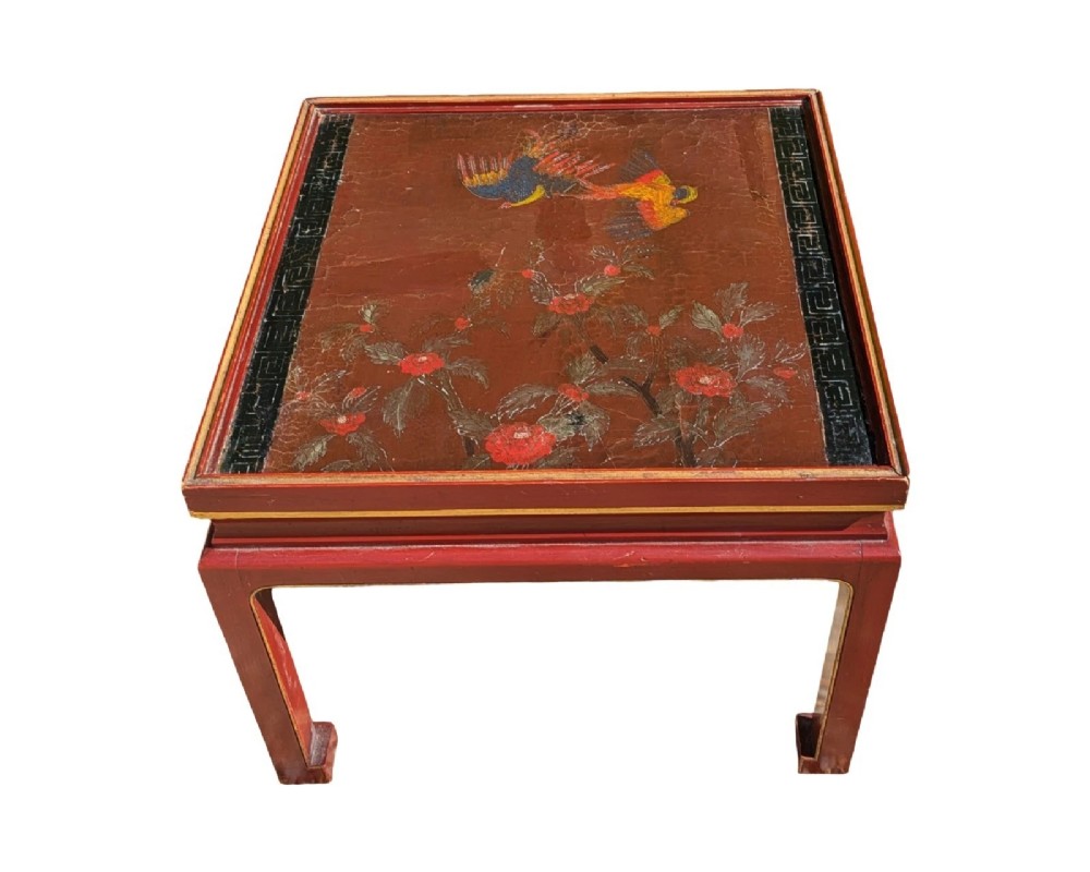 A pair of square Chinese low tables with red lacquered frames and hand-painted tops depicting birds among foliage. View III