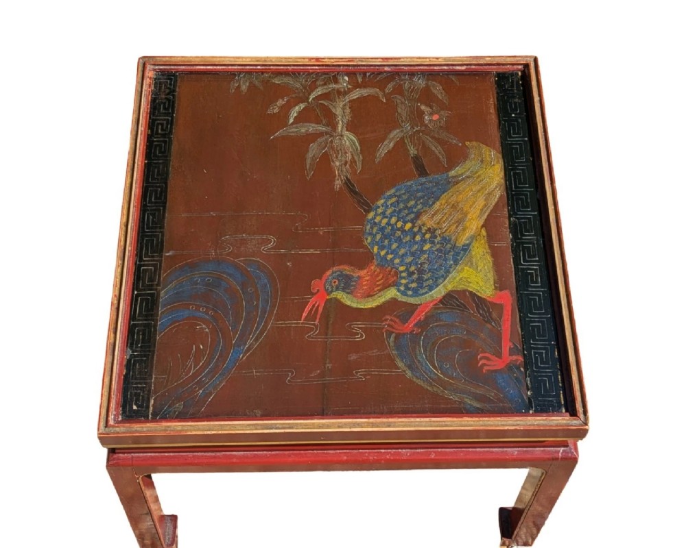 A pair of square Chinese low tables with red lacquered frames and hand-painted tops depicting birds among foliage. View IV