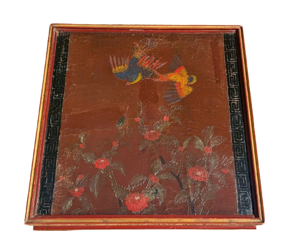 A pair of square Chinese low tables with red lacquered frames and hand-painted tops depicting birds among foliage. View V