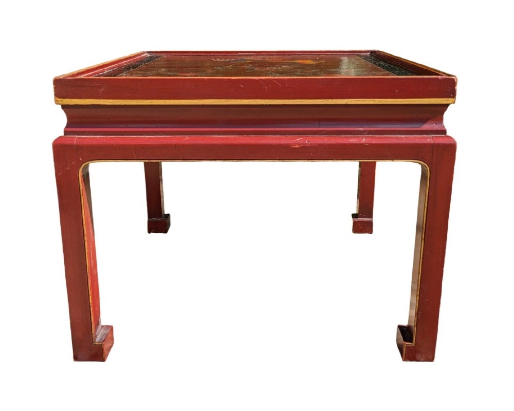 A pair of square Chinese low tables with red lacquered frames and hand-painted tops depicting birds among foliage. View VI