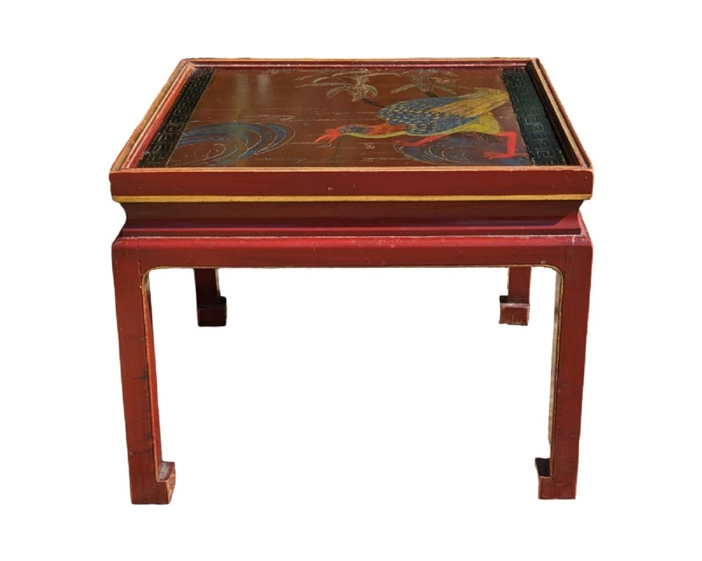 A pair of square Chinese low tables with red lacquered frames and hand-painted tops depicting birds among foliage. View VII