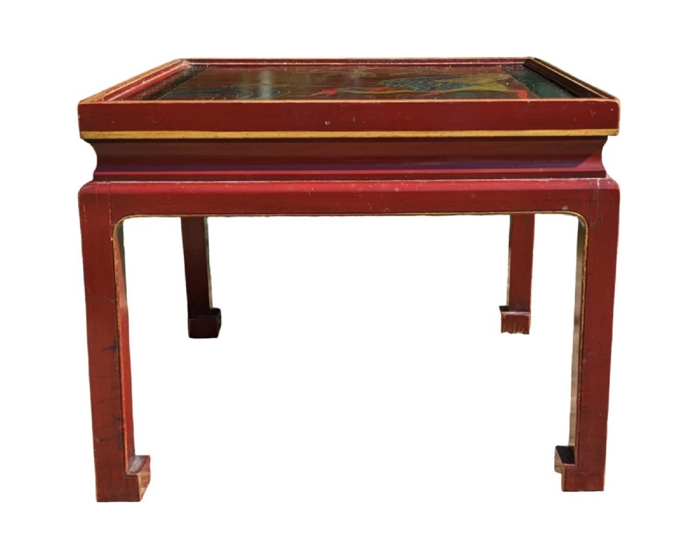 A pair of square Chinese low tables with red lacquered frames and hand-painted tops depicting birds among foliage. View VIII