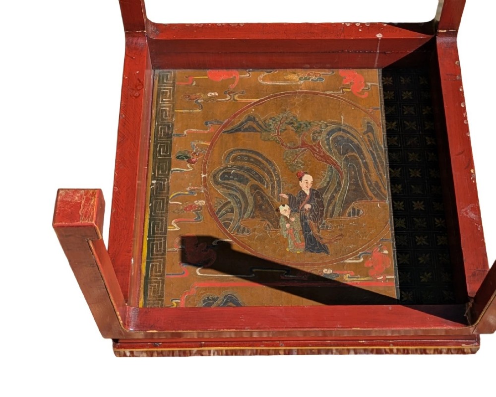 A pair of square Chinese low tables with red lacquered frames and hand-painted tops depicting birds among foliage. View IX
