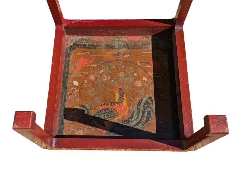 A pair of square Chinese low tables with red lacquered frames and hand-painted tops depicting birds among foliage. View X