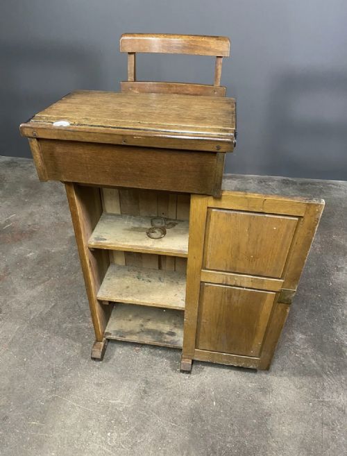 ANTIQUE VICTORIAN OAK TEACHERS DESK WITH CUPBOARD AND FOLD DOWN CHAIR - ADDITIONAL PHOTO 2