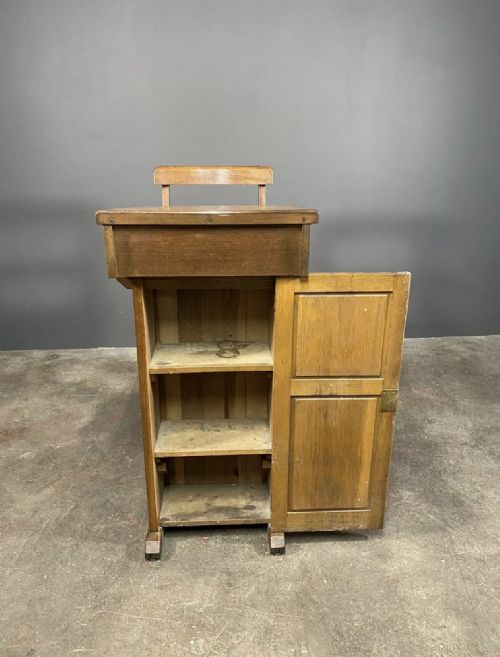 ANTIQUE VICTORIAN OAK TEACHERS DESK WITH CUPBOARD AND FOLD DOWN CHAIR - ADDITIONAL PHOTO 1