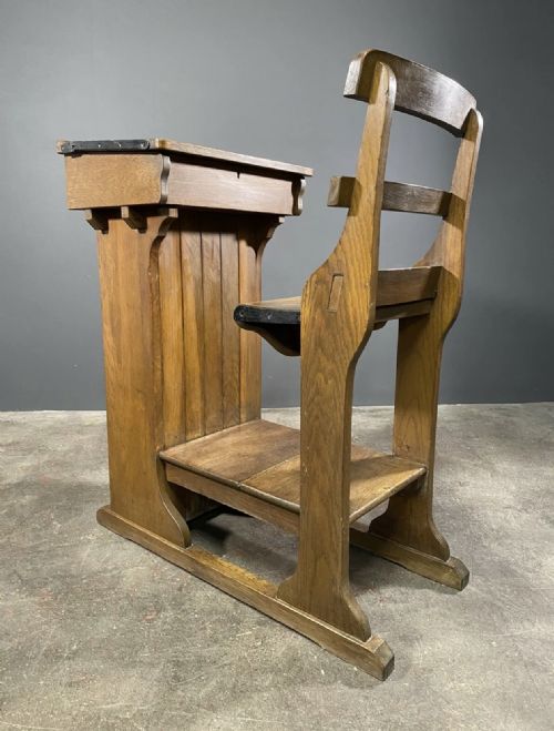 antique victorian oak teachers desk with cupboard and fold down chair - CATEGORY: ANTIQUE DESKS - DATED VICTORIAN