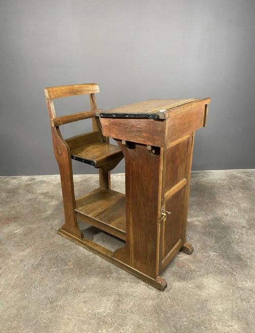 ANTIQUE VICTORIAN OAK TEACHERS DESK WITH CUPBOARD AND FOLD DOWN CHAIR - ADDITIONAL PHOTO 5