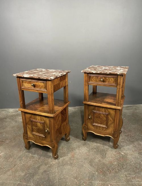 a pair of antique french walnut bedside cabinets with marble top - CATEGORY: ANTIQUE CABINETS - DATED 1910