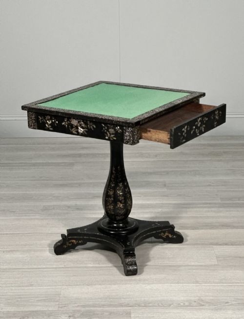 ANTIQUE EBONISED PAPIER MACHE MOTHER OF PEARL GAMES TABLE