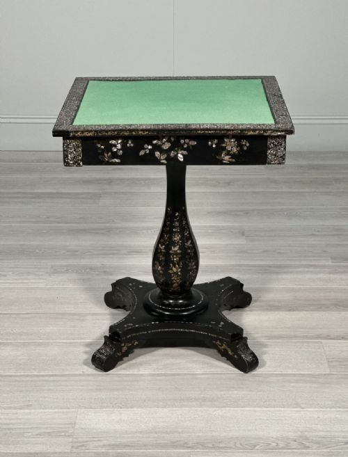 ANTIQUE EBONISED PAPIER MACHE MOTHER OF PEARL GAMES TABLE - ADDITIONAL PHOTO 2