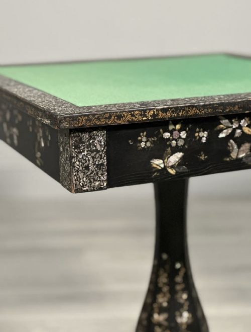 ANTIQUE EBONISED PAPIER MACHE MOTHER OF PEARL GAMES TABLE - ADDITIONAL PHOTO 4