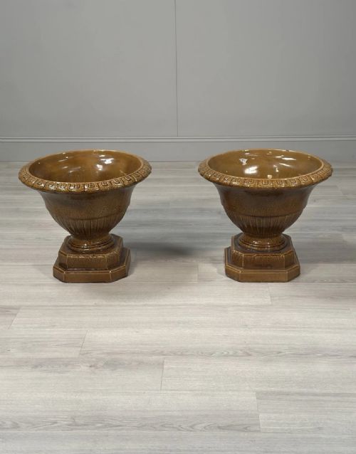 LARGE PAIR OF ANTIQUE SALT GLAZED GARDEN URNS - ADDITIONAL PHOTO 1