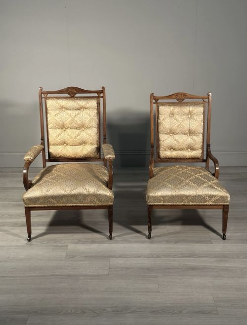 A PAIR OF HIS HERS INLAID ROSEWOOD ARMCHAIRS C1880 - ADDITIONAL PHOTO 5
