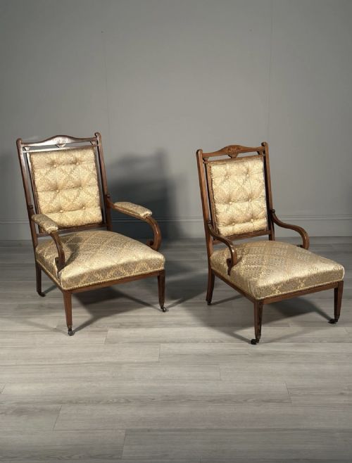 A PAIR OF HIS HERS INLAID ROSEWOOD ARMCHAIRS C1880 - ADDITIONAL PHOTO 8