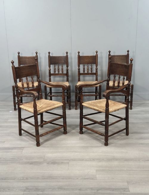 set of 6 antique oak rushed country dining chairs - CATEGORY: ANTIQUE CHAIRS - DATED EDWARDIAN