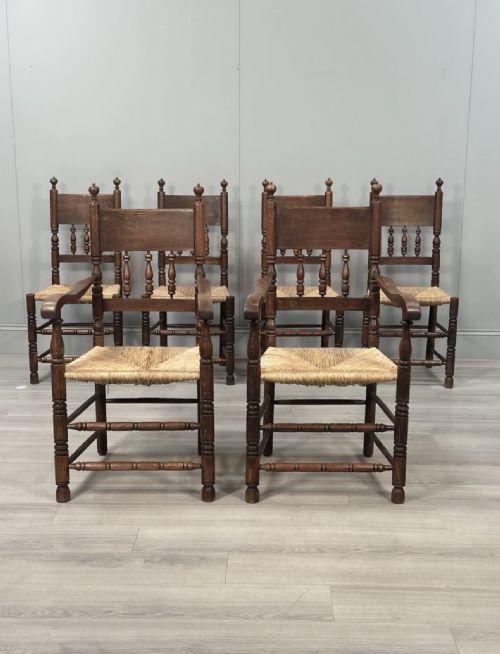 SET OF 6 ANTIQUE OAK RUSHED COUNTRY DINING CHAIRS - ADDITIONAL PHOTO 2