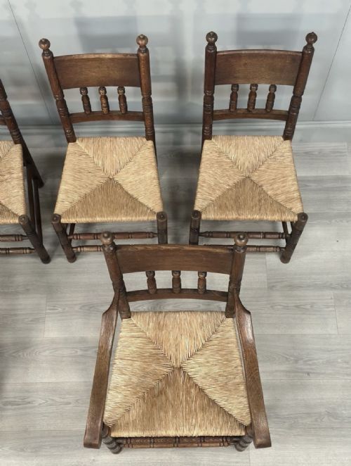 SET OF 6 ANTIQUE OAK RUSHED COUNTRY DINING CHAIRS - ADDITIONAL PHOTO 6