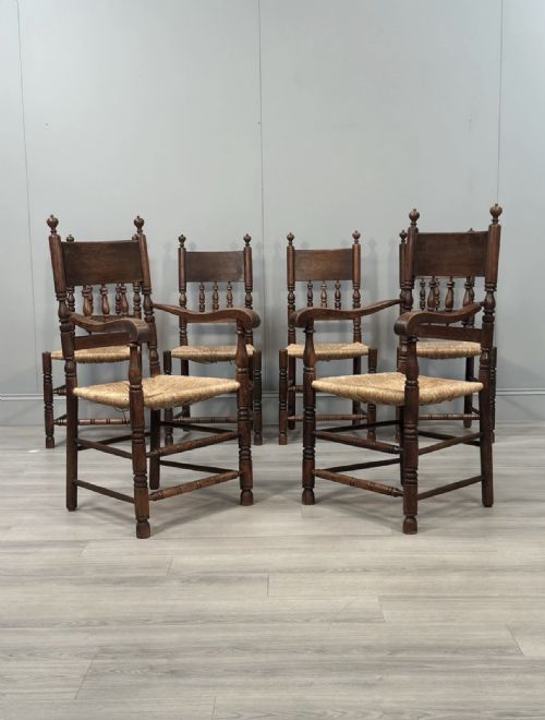 SET OF 6 ANTIQUE OAK RUSHED COUNTRY DINING CHAIRS - ADDITIONAL PHOTO 7