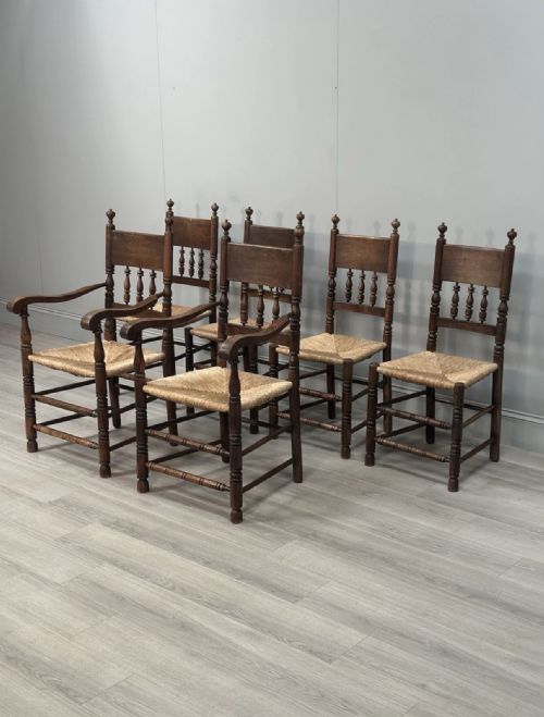 SET OF 6 ANTIQUE OAK RUSHED COUNTRY DINING CHAIRS - ADDITIONAL PHOTO 8