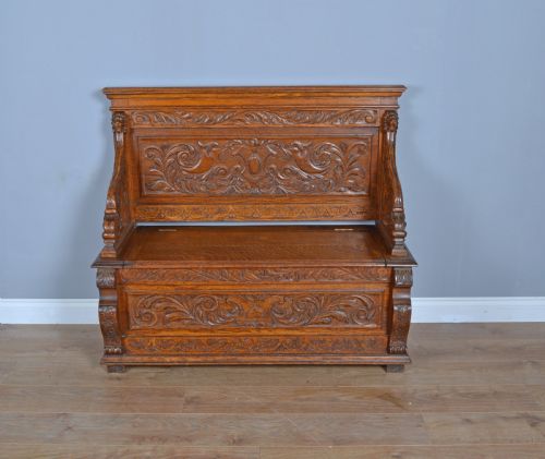 Antique Carved Oak Box Settle Hall Bench