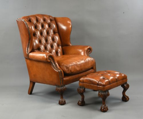Large Antique Leather Wing Chair