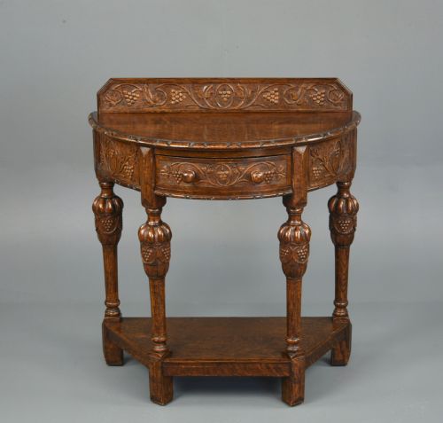 Carved Oak Demi Lune Hall Side Table