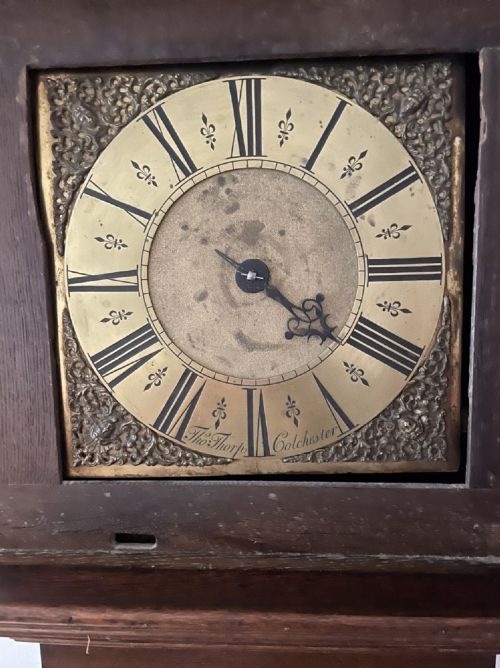 fig 1. 18th century oak grandfather clock Thos Thorp colchester circa 1740 