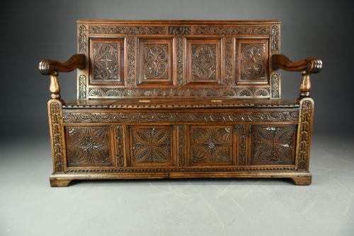 Carved Oak Hall Bench Box Settle