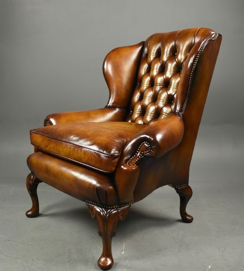 Antique Queen Anne Style Leather Wing Chair