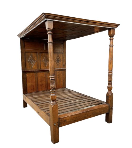 fig 1. Antique Jacobean style king size carved oak four poster bed