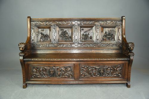 Large Carved Oak Hall Bench Settle