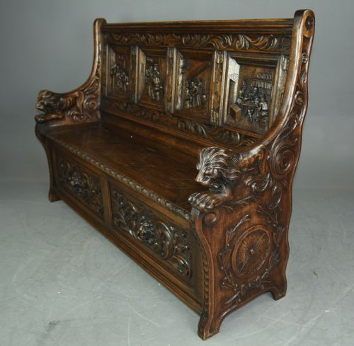 fig 1. Large carved oak hall bench settle