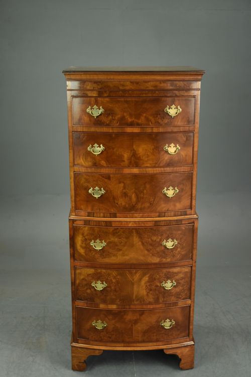 Georgian Style Walnut Bow Front Chest of Drawers Tallboy